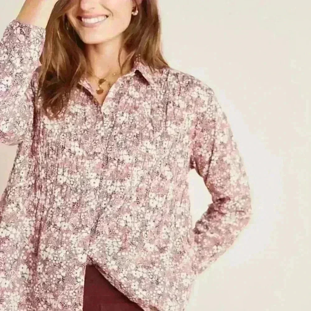 Anthropologie Pilcro And The Letterpress | Sasha Smocked Button Down Pink Blouse